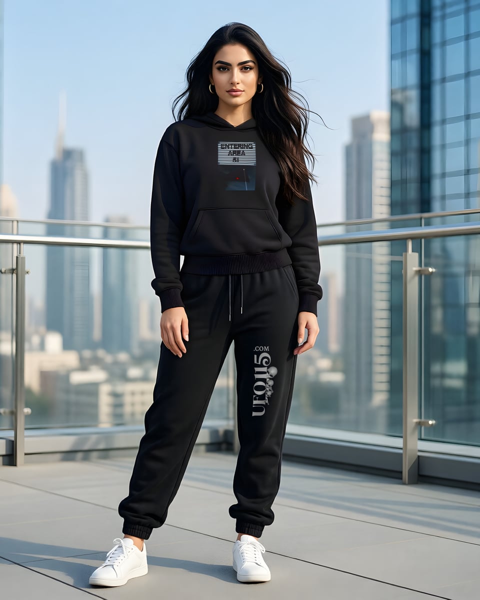 Full-length photo of a woman with long dark wavy hair standing on a glass-railed rooftop terrace above a city skyline, wearing the black Area 51 Black Triangle pullover hoodie with the ENTERING AREA 51 sign and the black triangle photo on the chest, and the matching black joggers with the grey vertical UFO115.COM wordmark down the left leg, white sneakers.