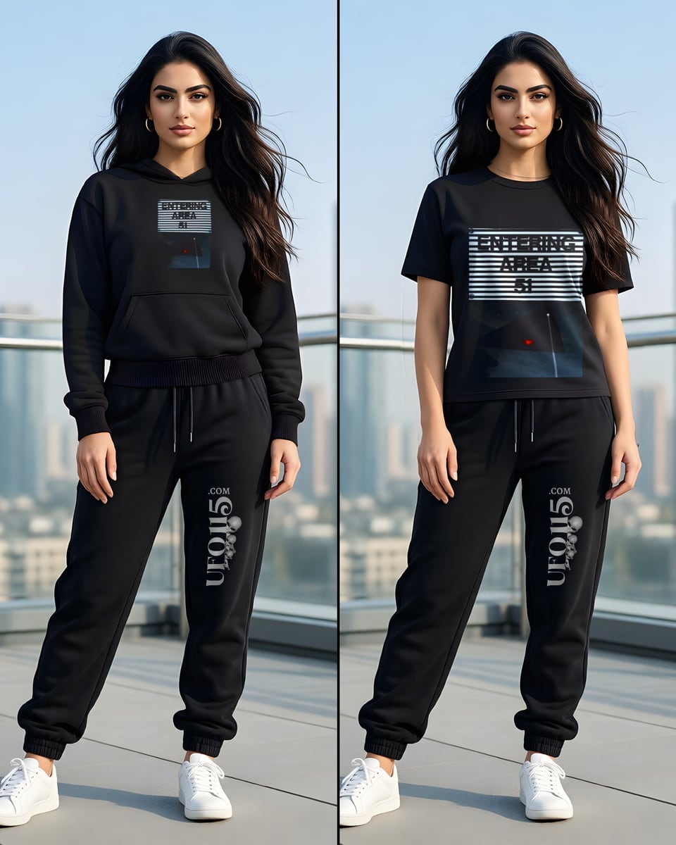 The same woman on a glass-balcony rooftop in two shots: the Area 51 Black Triangle hoodie with the matching joggers, and the Area 51 Black Triangle tee with the same joggers.