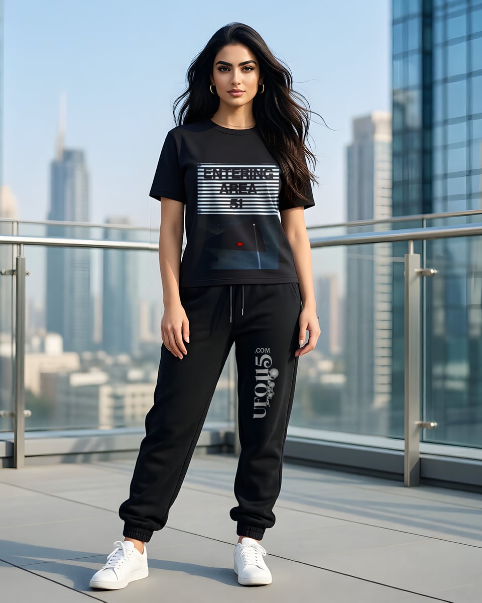 Full-length photo of a woman with long dark wavy hair standing on a glass-railed rooftop terrace above a city skyline, wearing the black Area 51 Black Triangle tee with the ENTERING AREA 51 sign and the black triangle photo on the chest, and the matching black joggers with the grey vertical UFO115.COM wordmark down the left leg, white sneakers.