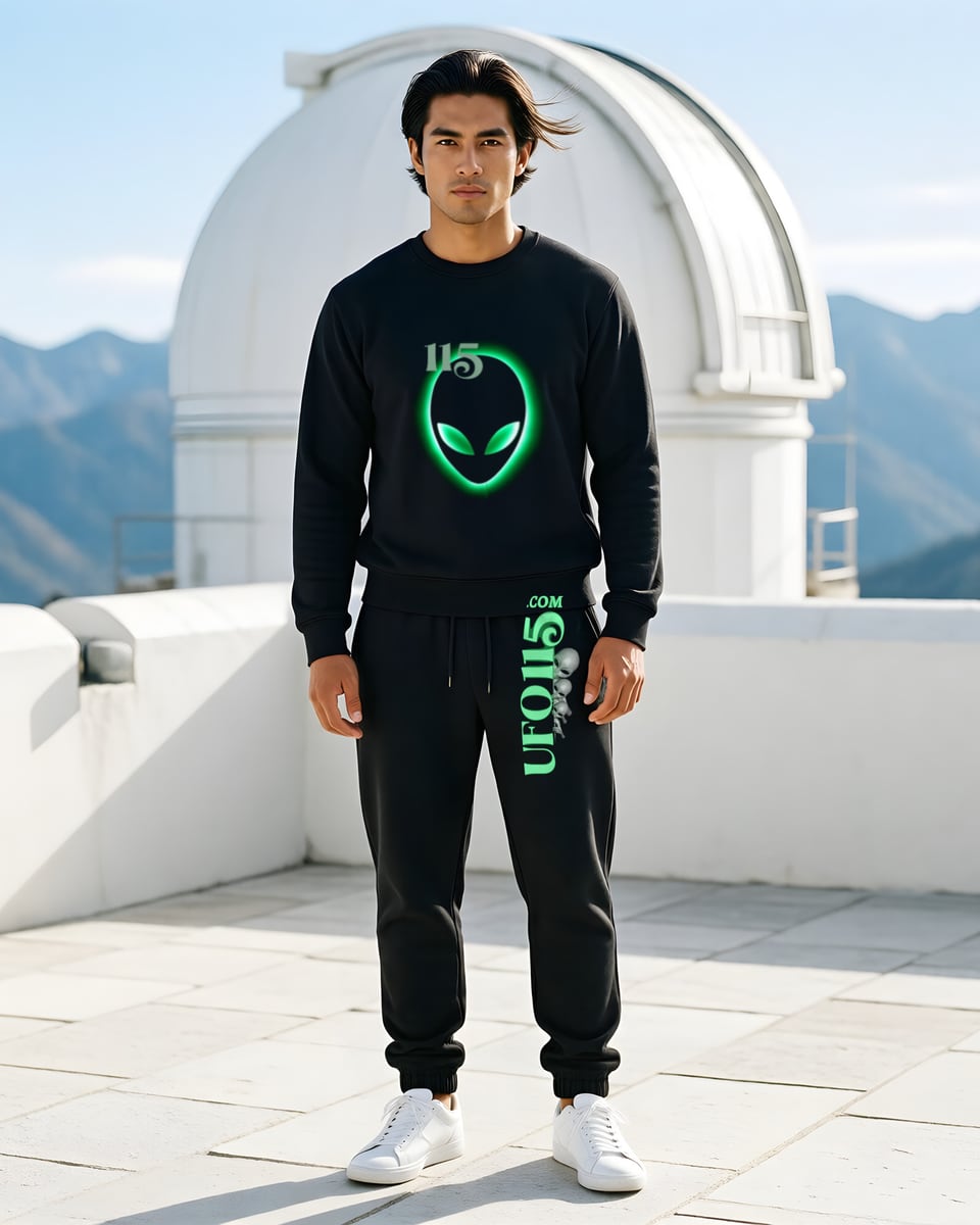 Full-length photo of a man with swept-back dark hair standing on the white terrace of a mountain-top observatory, wearing the black Element 115 Glowing Alien Grey crewneck sweatshirt with the green glowing alien head and 115 on the chest, and the matching black joggers with the green vertical UFO115.COM wordmark down the left leg, white sneakers.