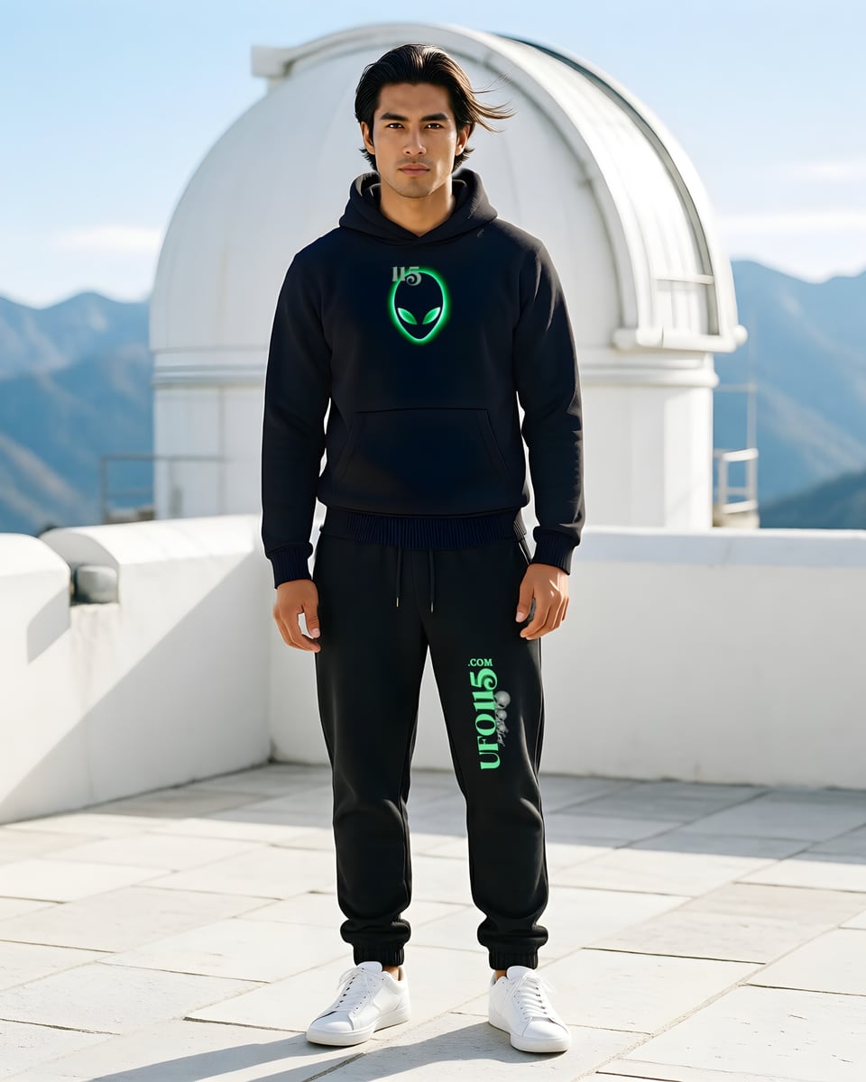 Full-length photo of a man with swept-back dark hair standing on the white terrace of a mountain-top observatory, wearing the black Element 115 Glowing Alien Grey pullover hoodie with the green glowing alien head and 115 on the chest, and the matching black joggers with the green vertical UFO115.COM wordmark down the left leg, white sneakers.