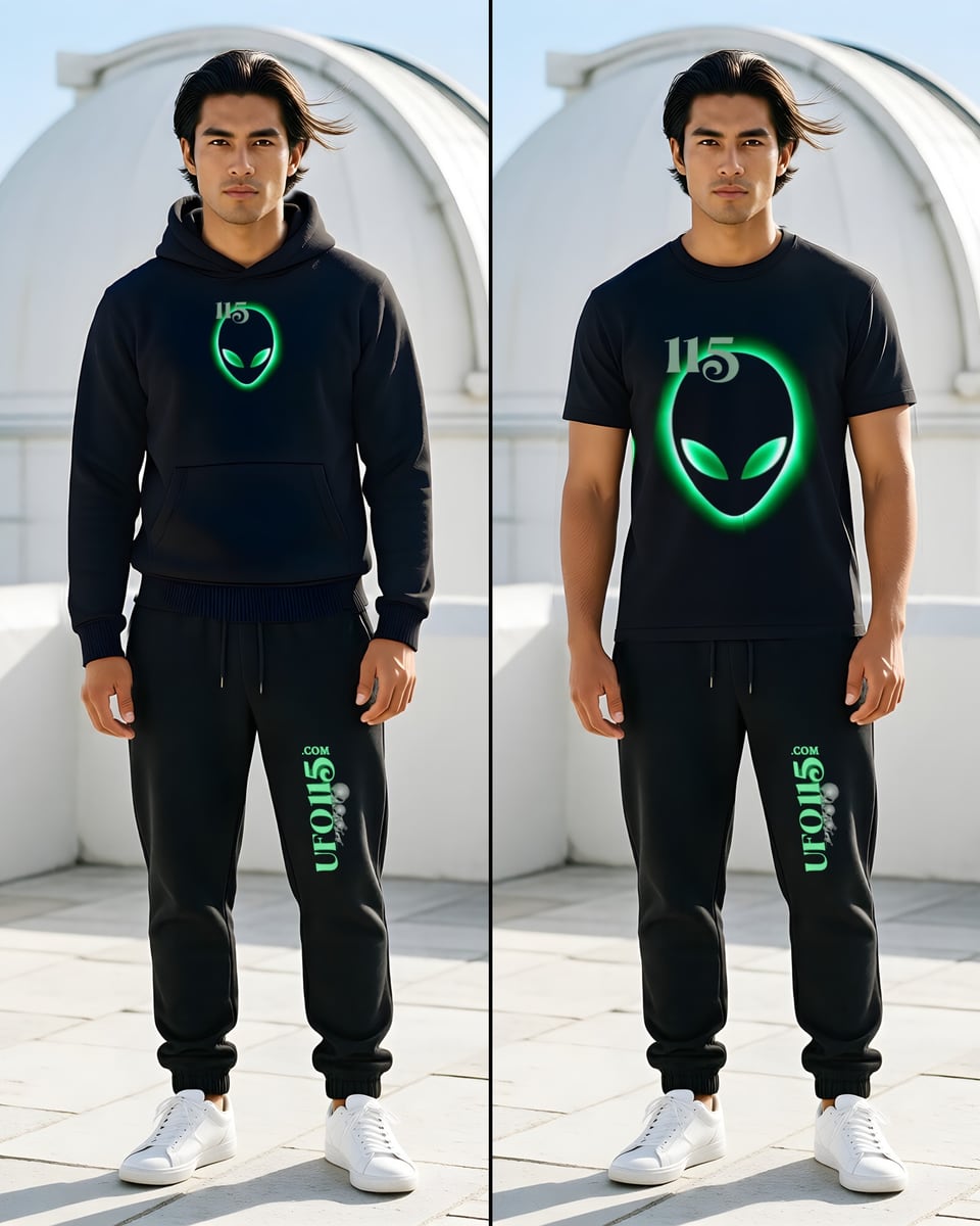 The same man on an observatory rooftop in two shots: the Element 115 Glowing Alien Grey hoodie with the matching joggers, and the Element 115 Glowing Alien Grey tee with the same joggers.