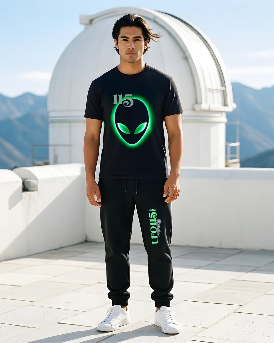 Full-length photo of a man with swept-back dark hair standing on the white terrace of a mountain-top observatory, wearing the black Element 115 Glowing Alien Grey tee with the green glowing alien head and 115 on the chest, and the matching black joggers with the green vertical UFO115.COM wordmark down the left leg, white sneakers.