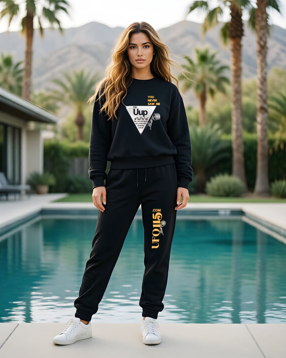 Full-length photo of a woman with long wavy honey-brown hair standing by a desert villa pool with palms and mountains behind, wearing the black Uup 115 You Never Saw Me crewneck sweatshirt with the Uup element triangle and amber YOU NEVER SAW ME on the chest, and the matching black joggers with the amber vertical UFO115.COM wordmark down the left leg, white sneakers.
