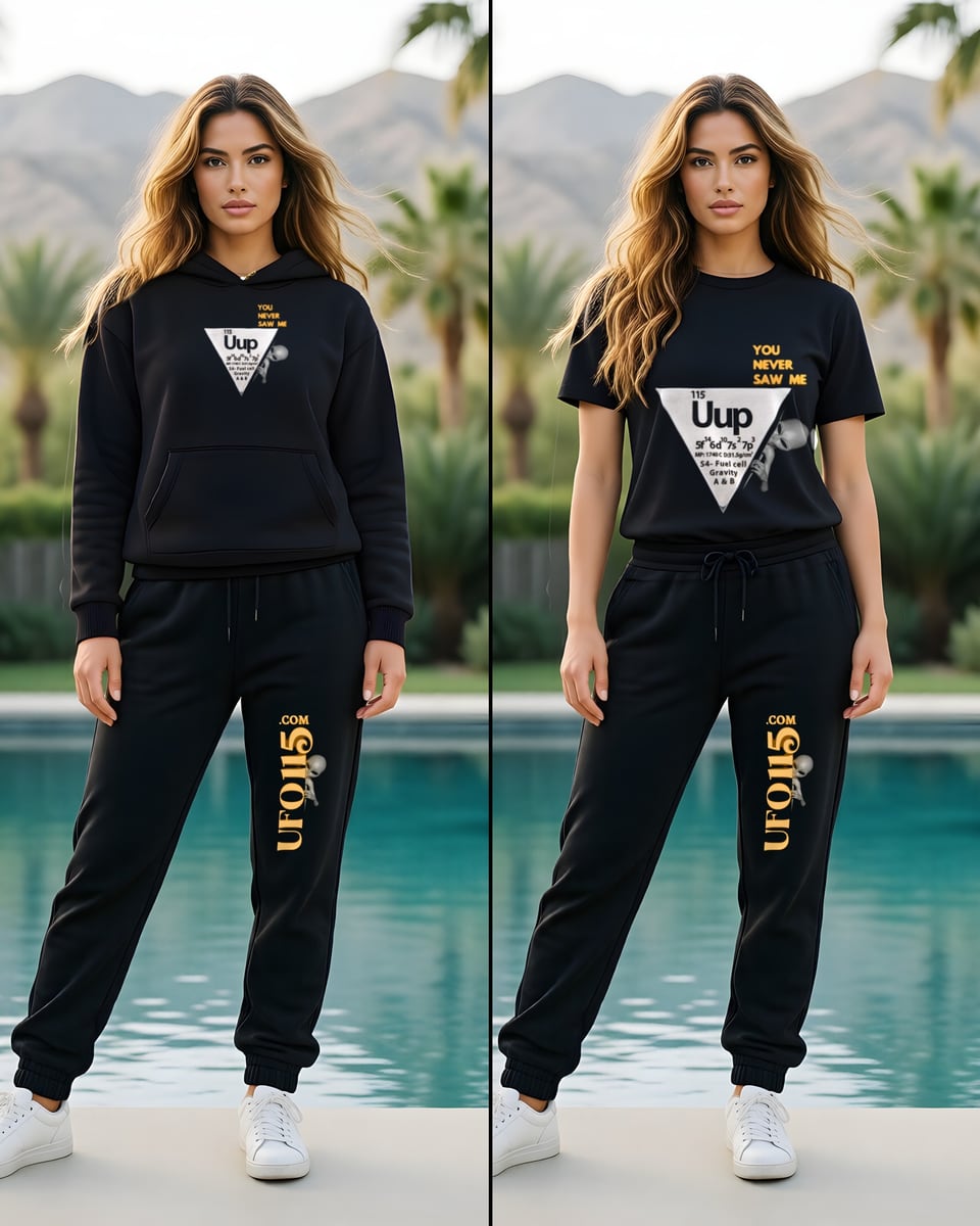 The same woman by a desert villa pool in two shots: the Uup 115 "You Never Saw Me" hoodie with the matching joggers, and the Uup 115 "You Never Saw Me" tee with the same joggers.
