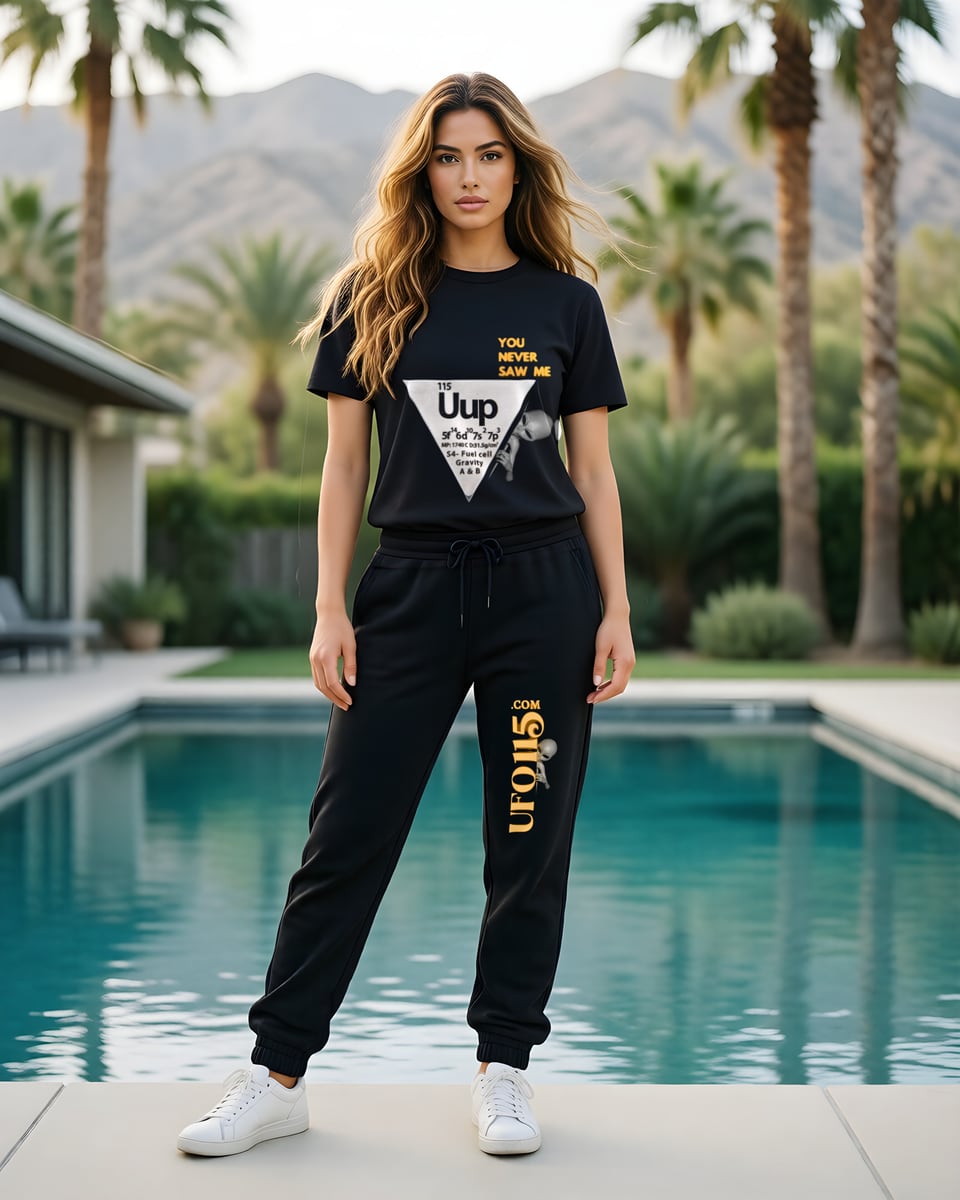 Full-length photo of a woman with long wavy honey-brown hair standing by a desert villa pool with palms and mountains behind, wearing the black Uup 115 You Never Saw Me tee with the Uup element triangle and amber YOU NEVER SAW ME on the chest, and the matching black joggers with the amber vertical UFO115.COM wordmark down the left leg, white sneakers.