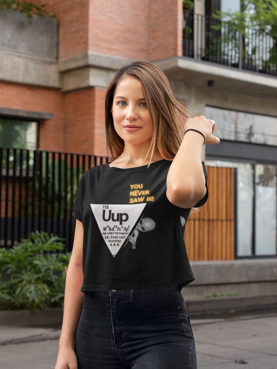 Model on a street wearing the Element 115 Uup You Never Saw Me tee