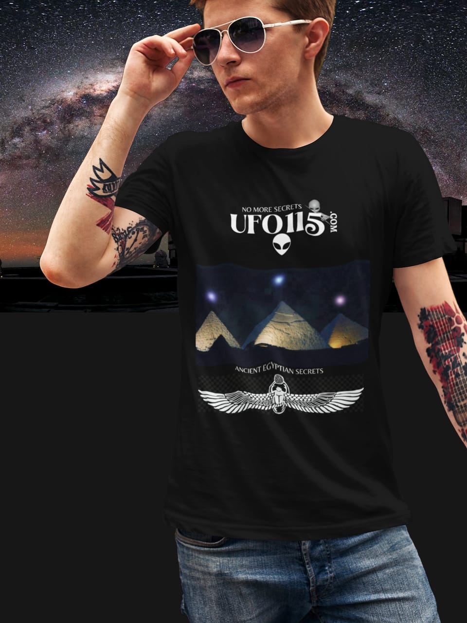 Model under the Milky Way wearing the Orion’s Belt Pyramids tee