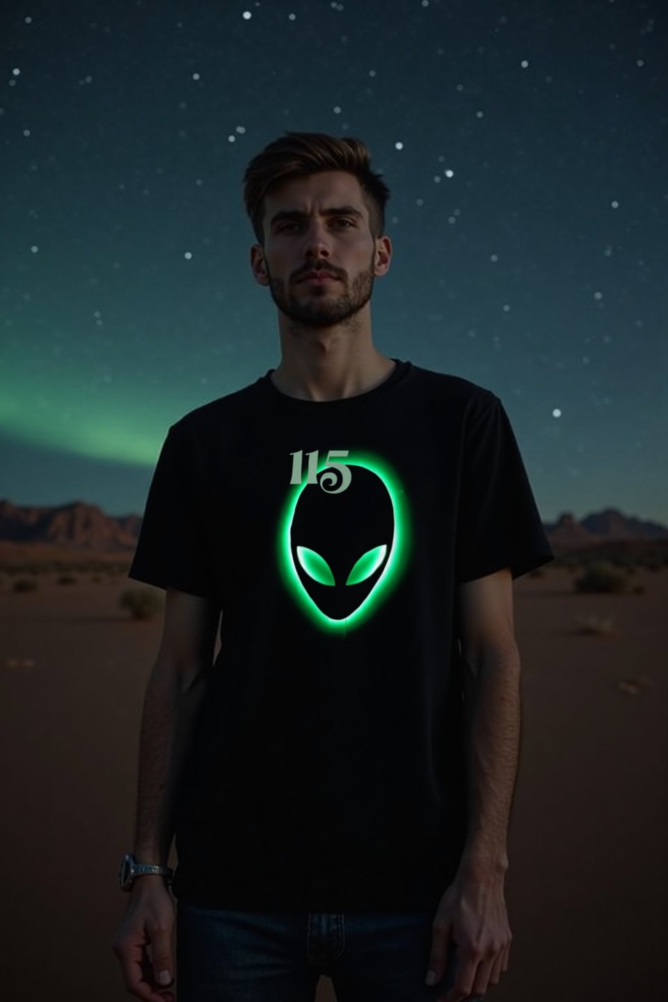 AI-generated model photo: Element 115 Glowing Alien Grey Tee worn in a desert stars scene (real print artwork)