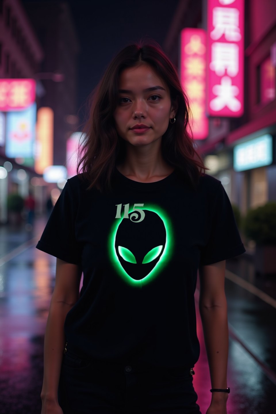 AI-generated model photo: Element 115 Glowing Alien Grey Tee worn in a neon city scene (real print artwork)