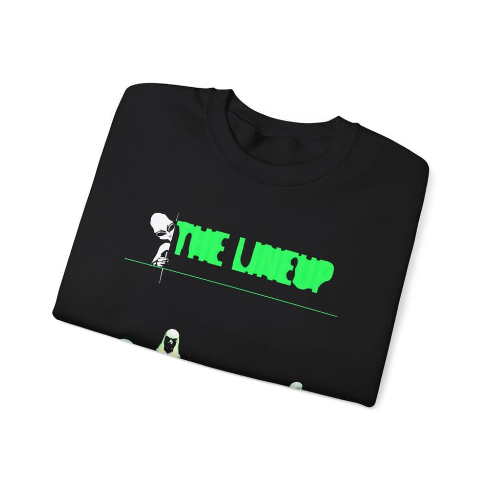 Alien Races Lineup Crewneck Sweatshirt, folded view (Printify product mockup)
