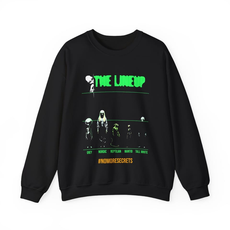 Alien Races Lineup Crewneck Sweatshirt, front view (Printify product mockup)