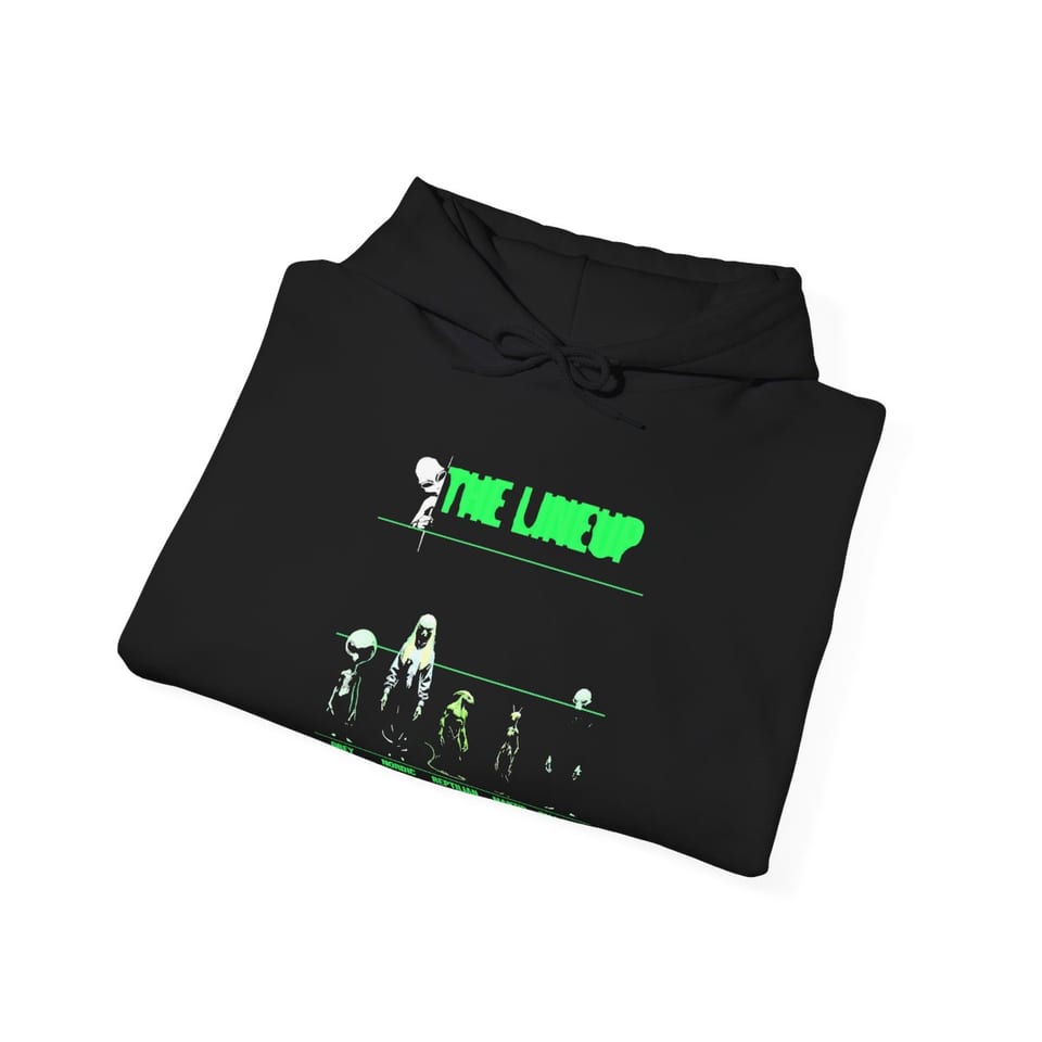 Alien Races Lineup Hoodie, folded view (Printify product mockup)