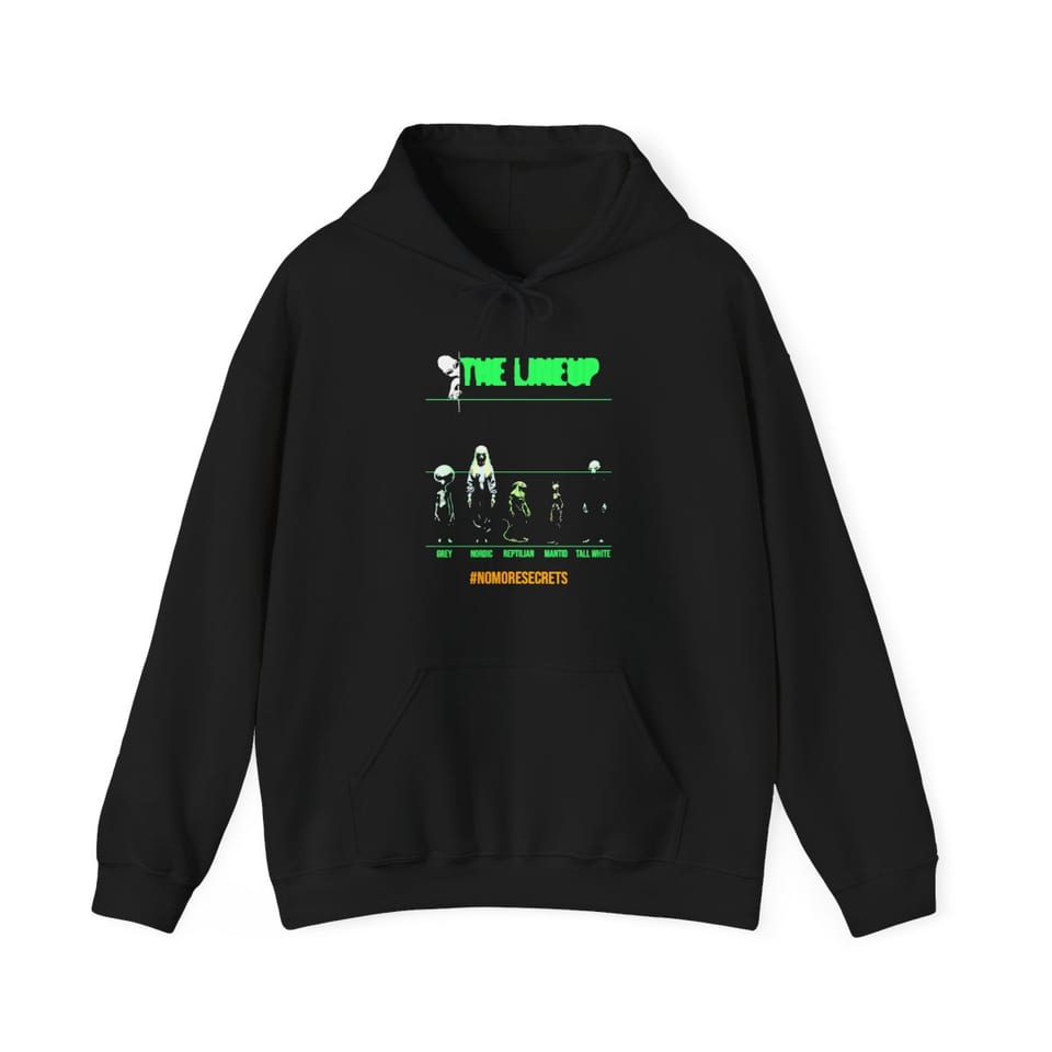 Alien Races Lineup Hoodie, front view (Printify product mockup)