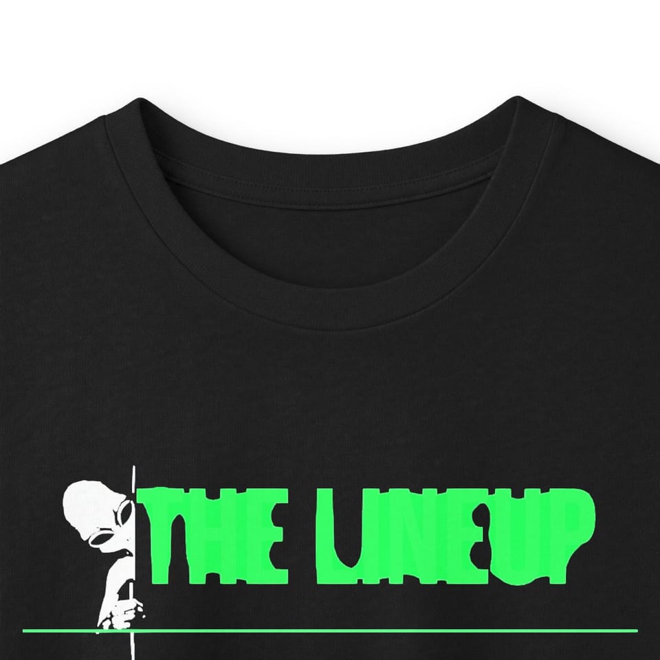 Alien Races Lineup Long Sleeve Tee, collar closeup view (Printify product mockup)