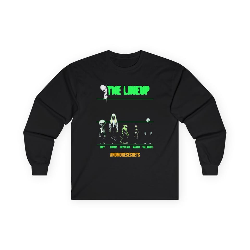 Alien Races Lineup Long Sleeve Tee, front view (Printify product mockup)