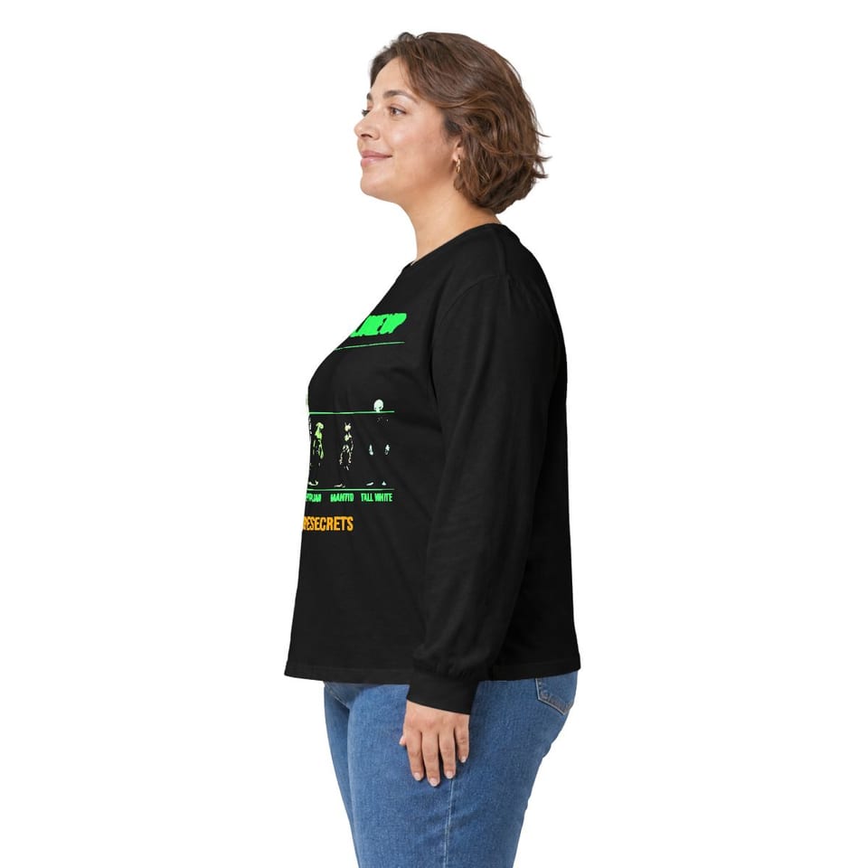 Alien Races Lineup Long Sleeve Tee, person left view (Printify product mockup)