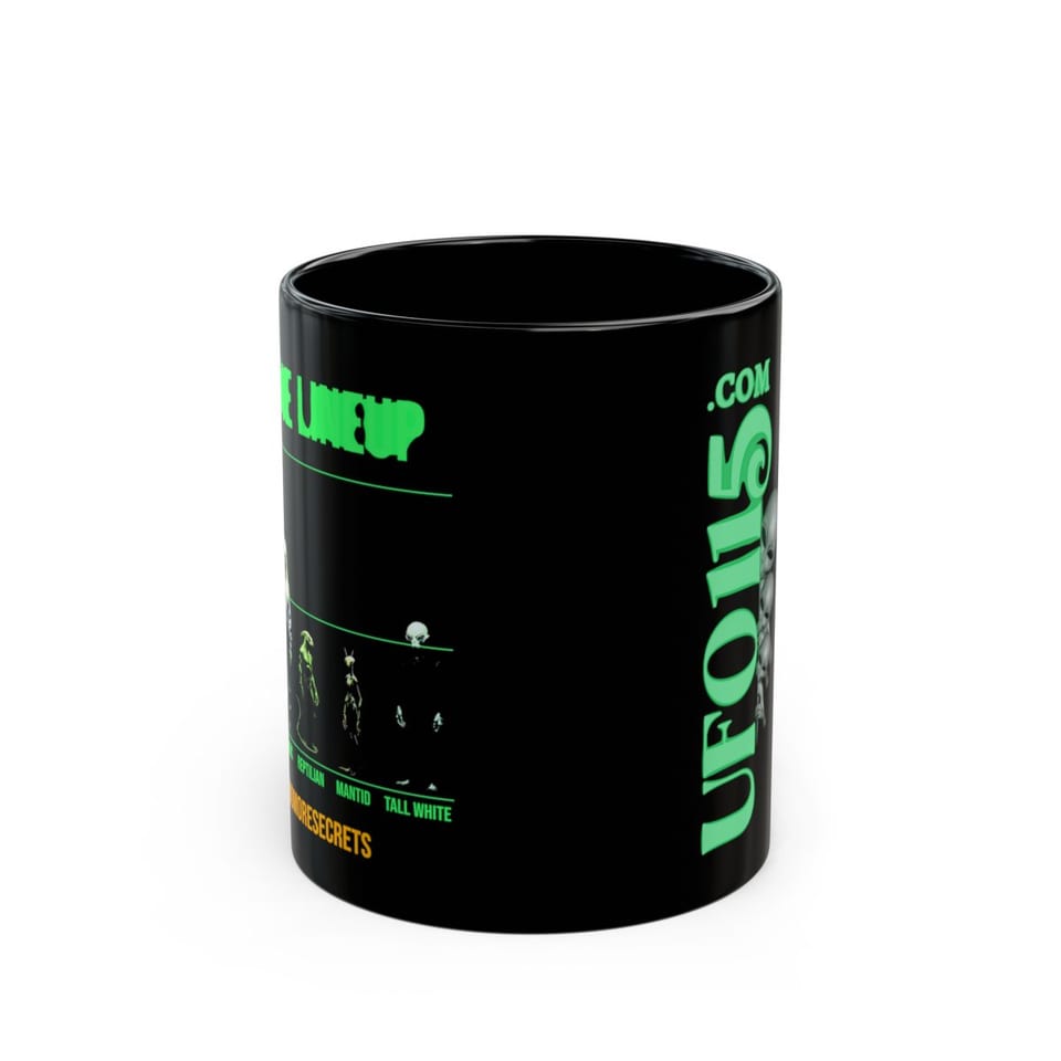 Alien Races Lineup Mug, front view (Printify product mockup)
