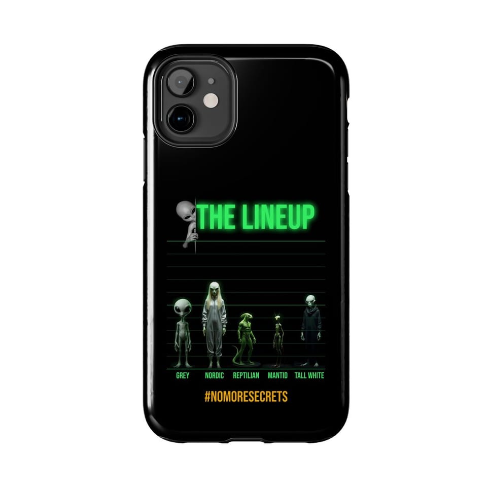 Alien Races Lineup Phone Case, front view (Printify product mockup)
