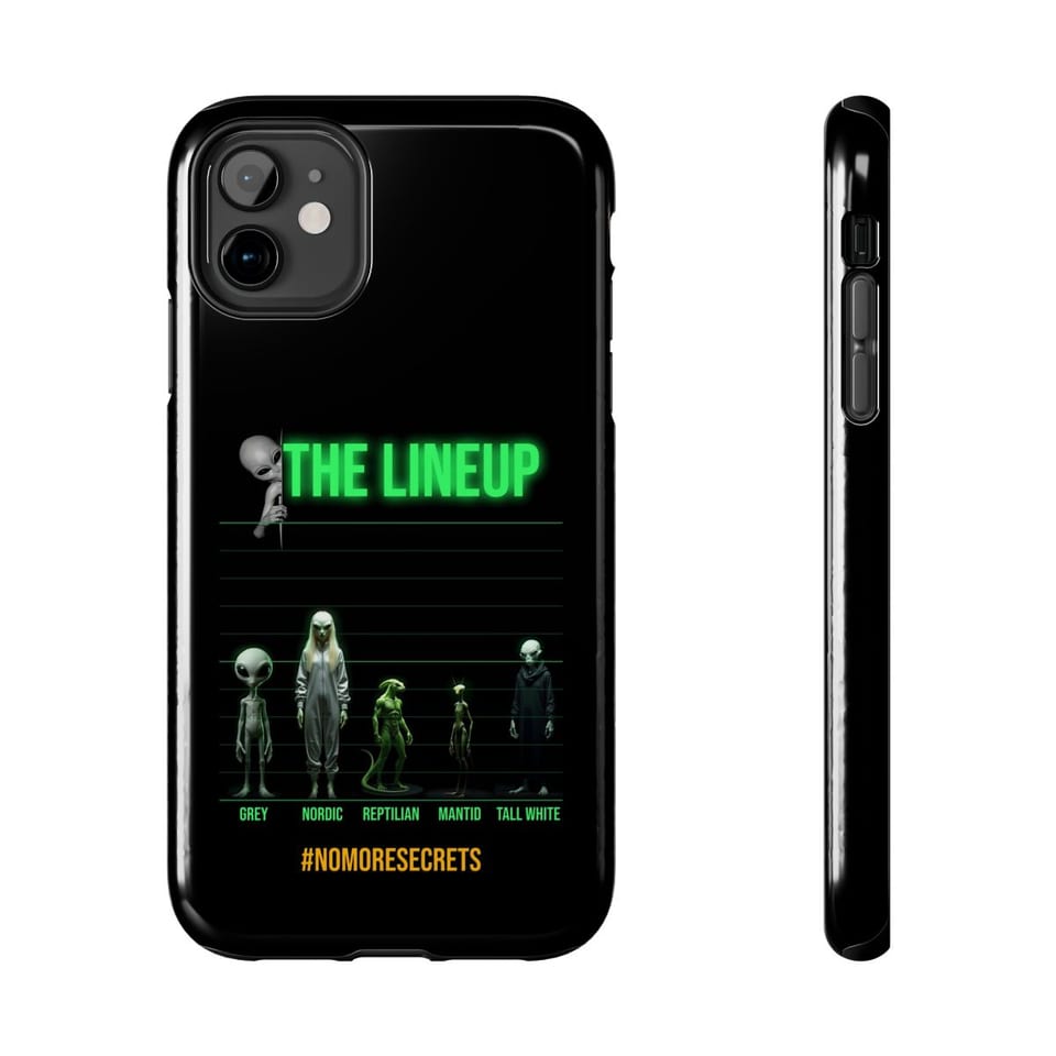 Alien Races Lineup Phone Case, front and-side view (Printify product mockup)