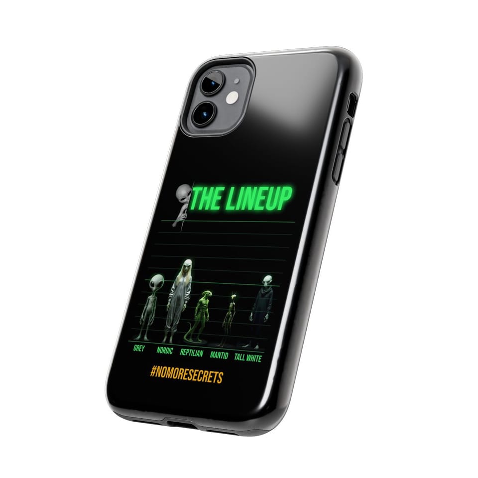 Alien Races Lineup Phone Case, side view (Printify product mockup)