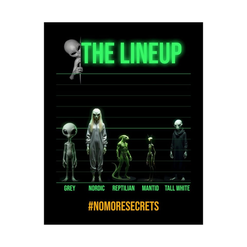 Alien Races Lineup Poster, front 2 view (Printify product mockup)