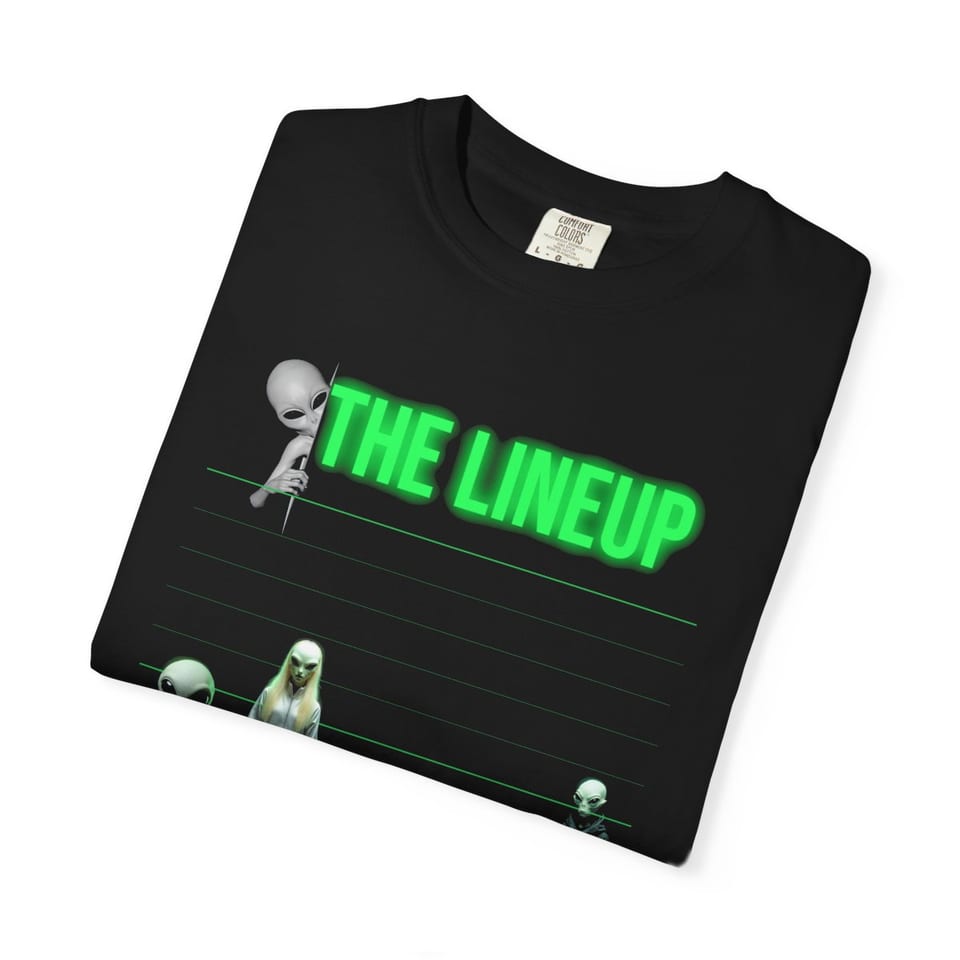 Alien Races Lineup Tee, folded view (Printify product mockup)