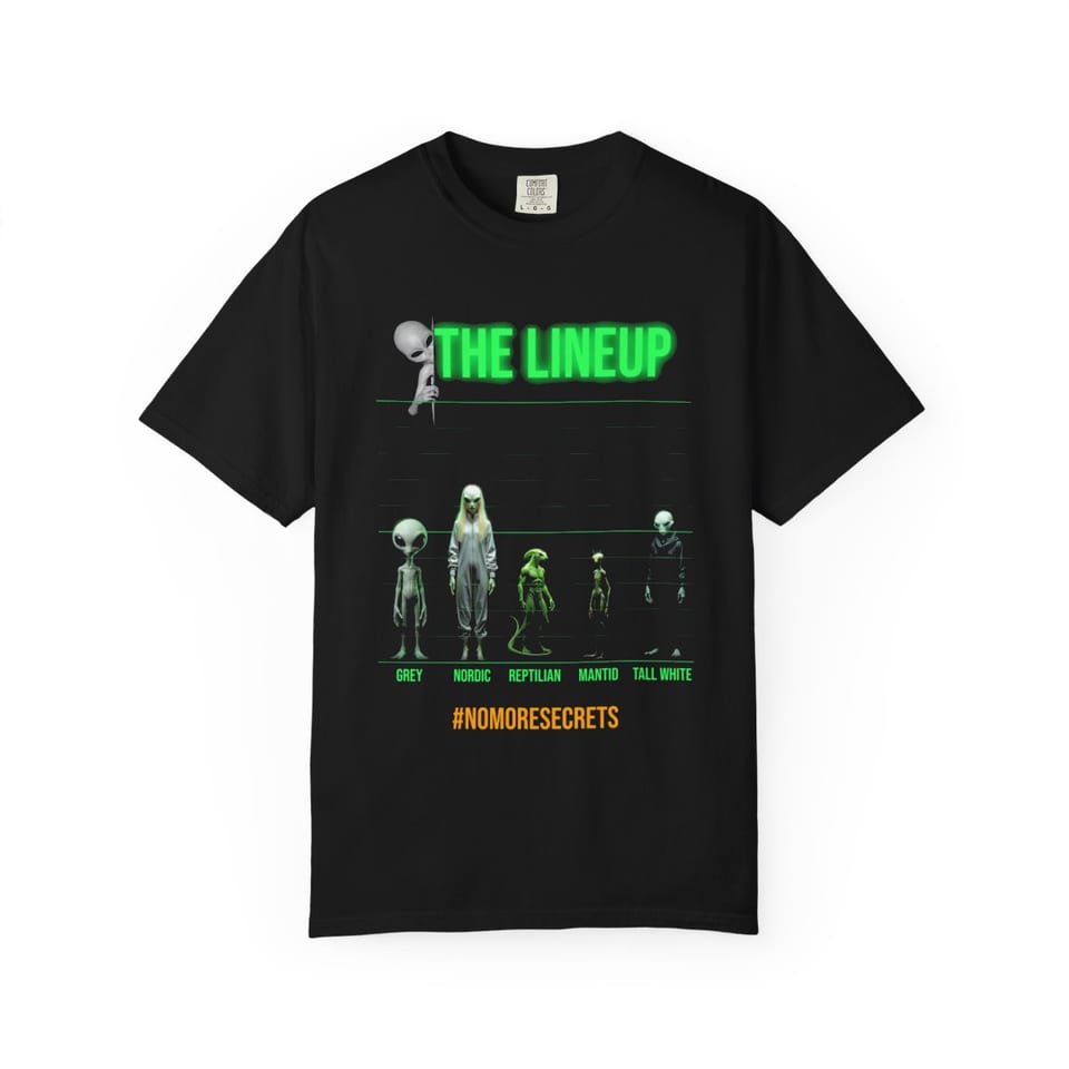 Alien Races Lineup Tee, front view (Printify product mockup)
