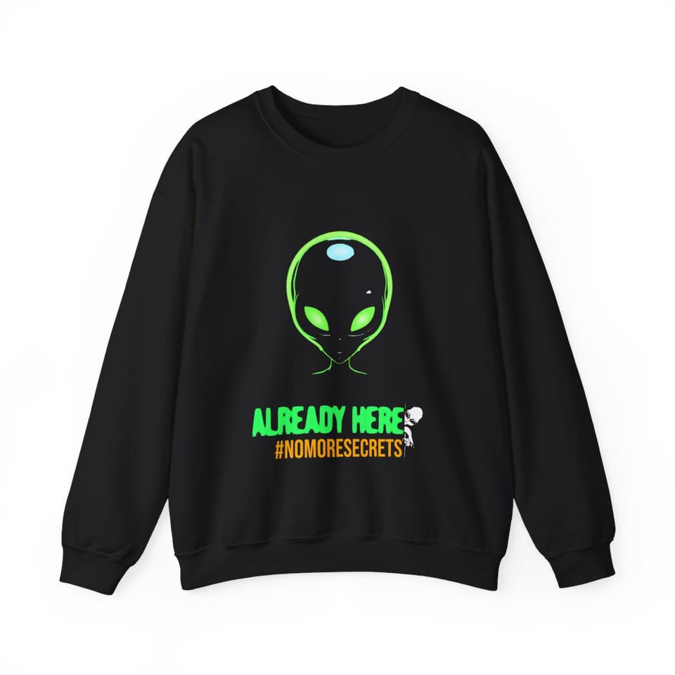 Already Here Neon Grey Crewneck Sweatshirt, front view (Printify product mockup)