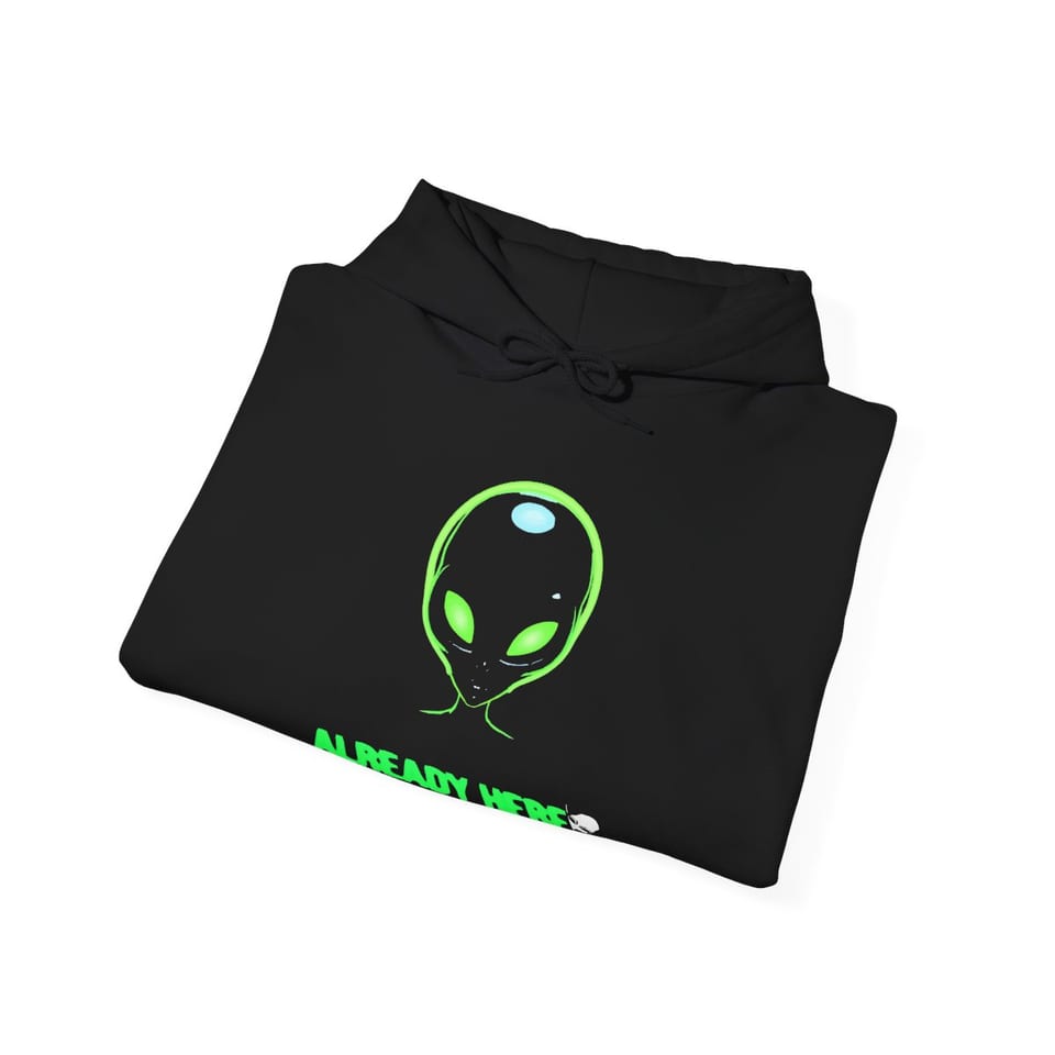 Already Here Neon Grey Hoodie, folded view (Printify product mockup)