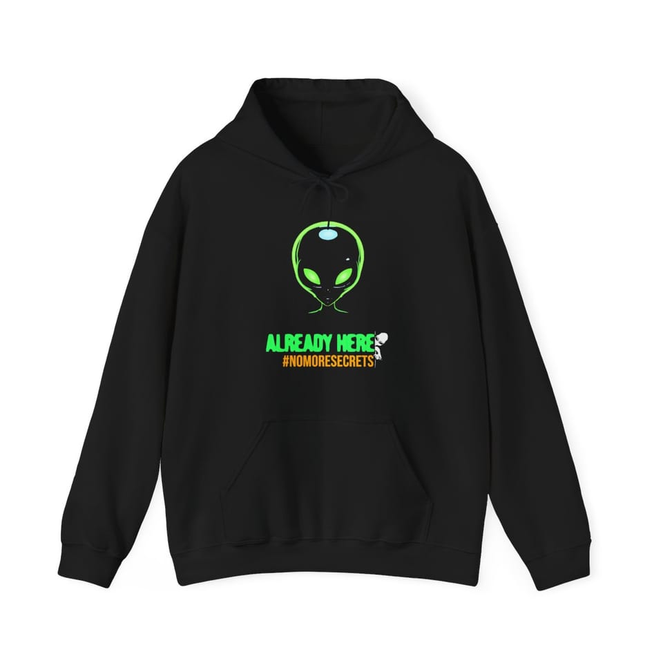 Already Here Neon Grey Hoodie, front view (Printify product mockup)