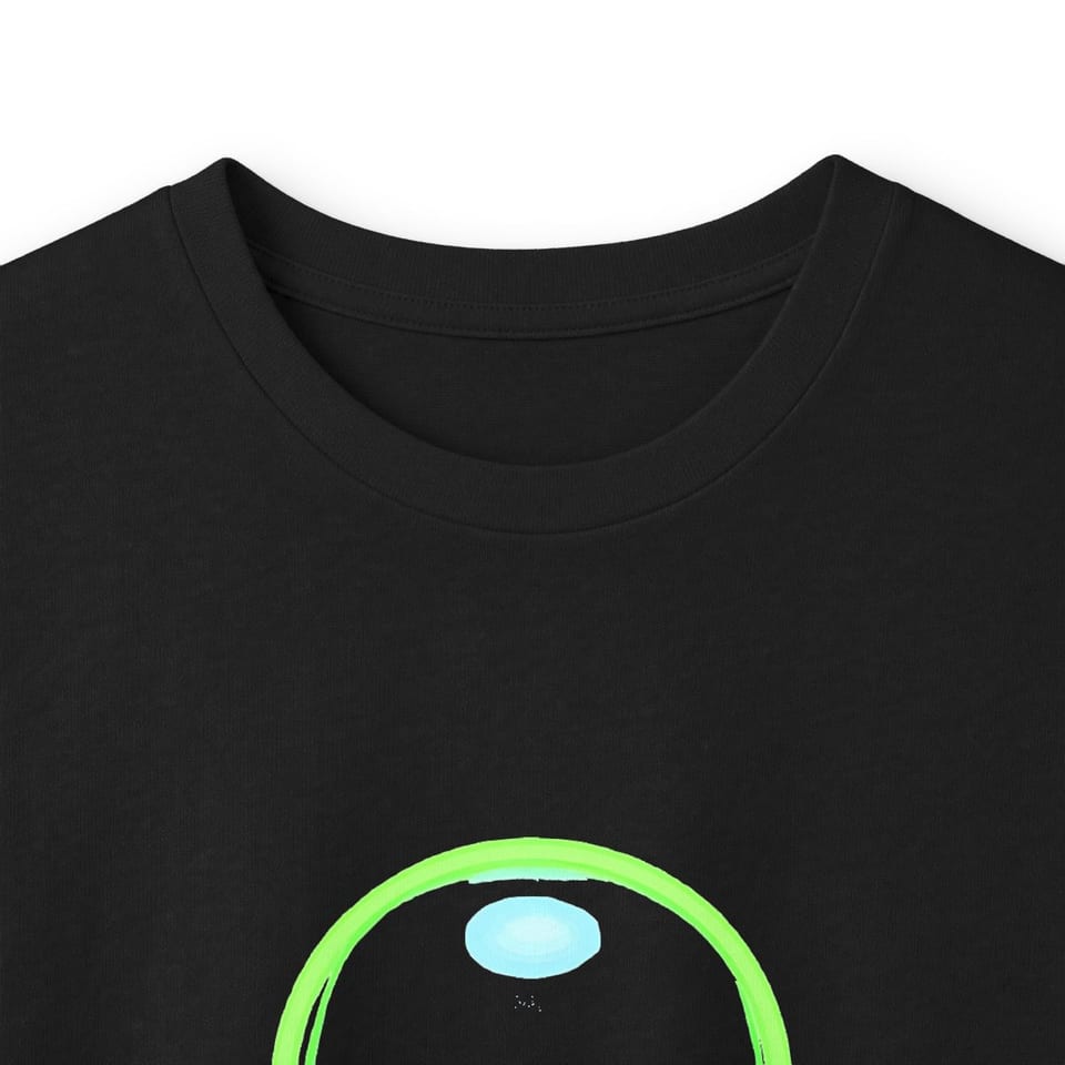 Already Here Neon Grey Long Sleeve Tee, collar closeup view (Printify product mockup)