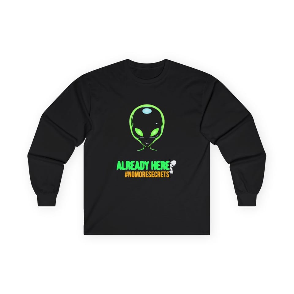Already Here Neon Grey Long Sleeve Tee, front view (Printify product mockup)