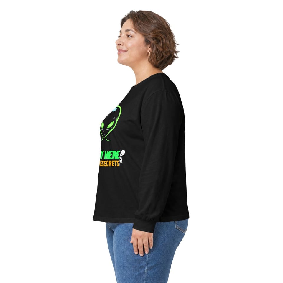 Already Here Neon Grey Long Sleeve Tee, person left view (Printify product mockup)