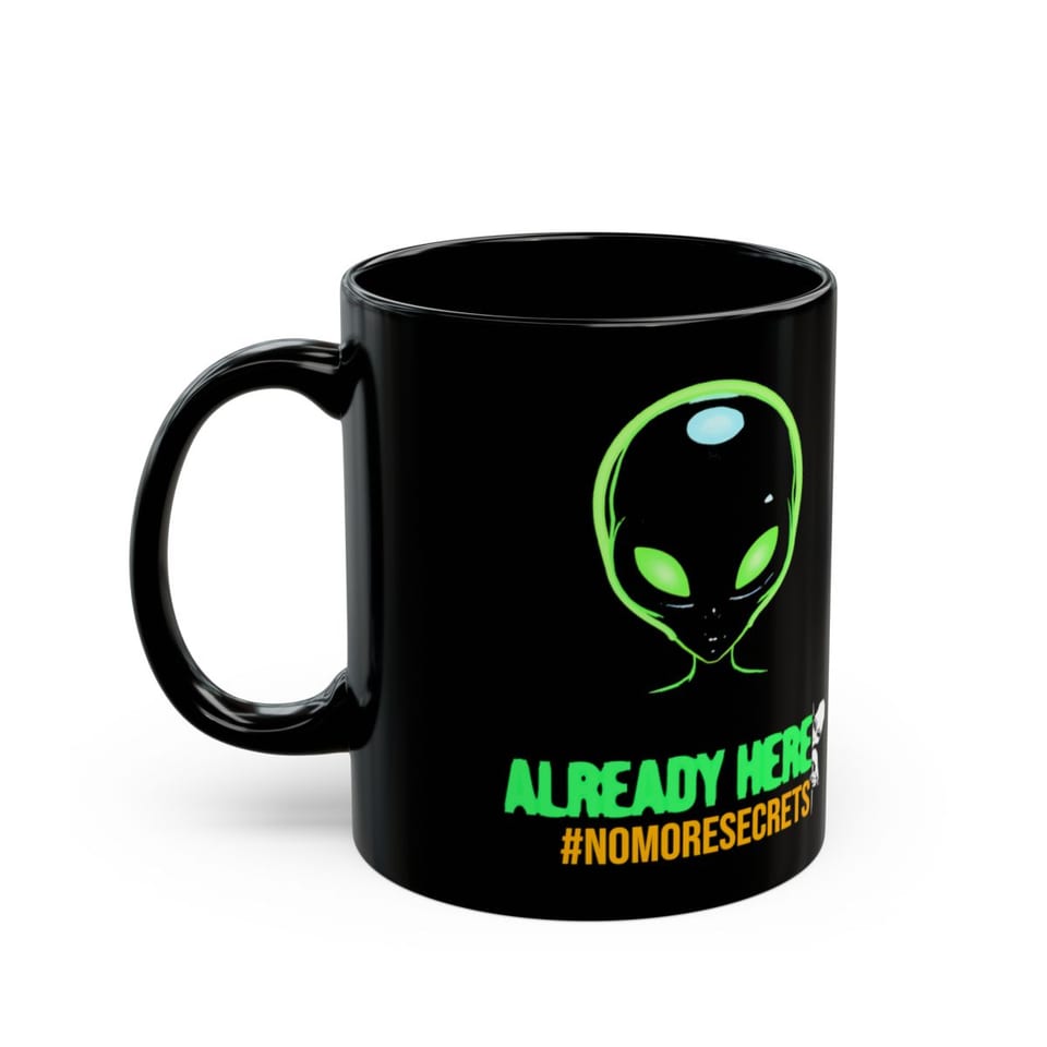 Already Here Neon Grey Mug, left view (Printify product mockup)