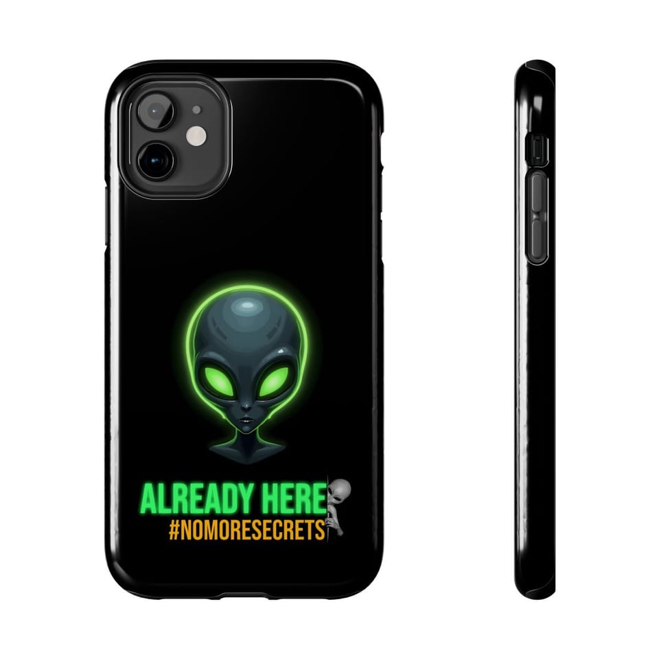 Already Here Neon Grey Phone Case, front and-side view (Printify product mockup)