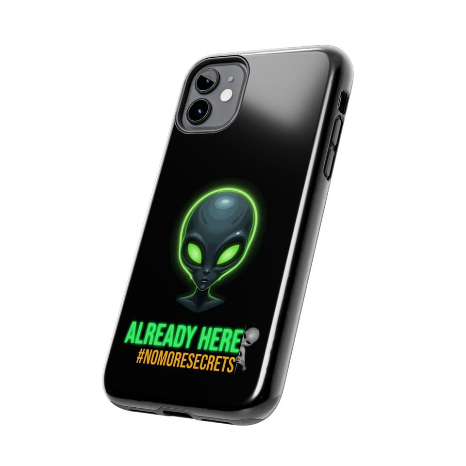 Already Here Neon Grey Phone Case, side view (Printify product mockup)
