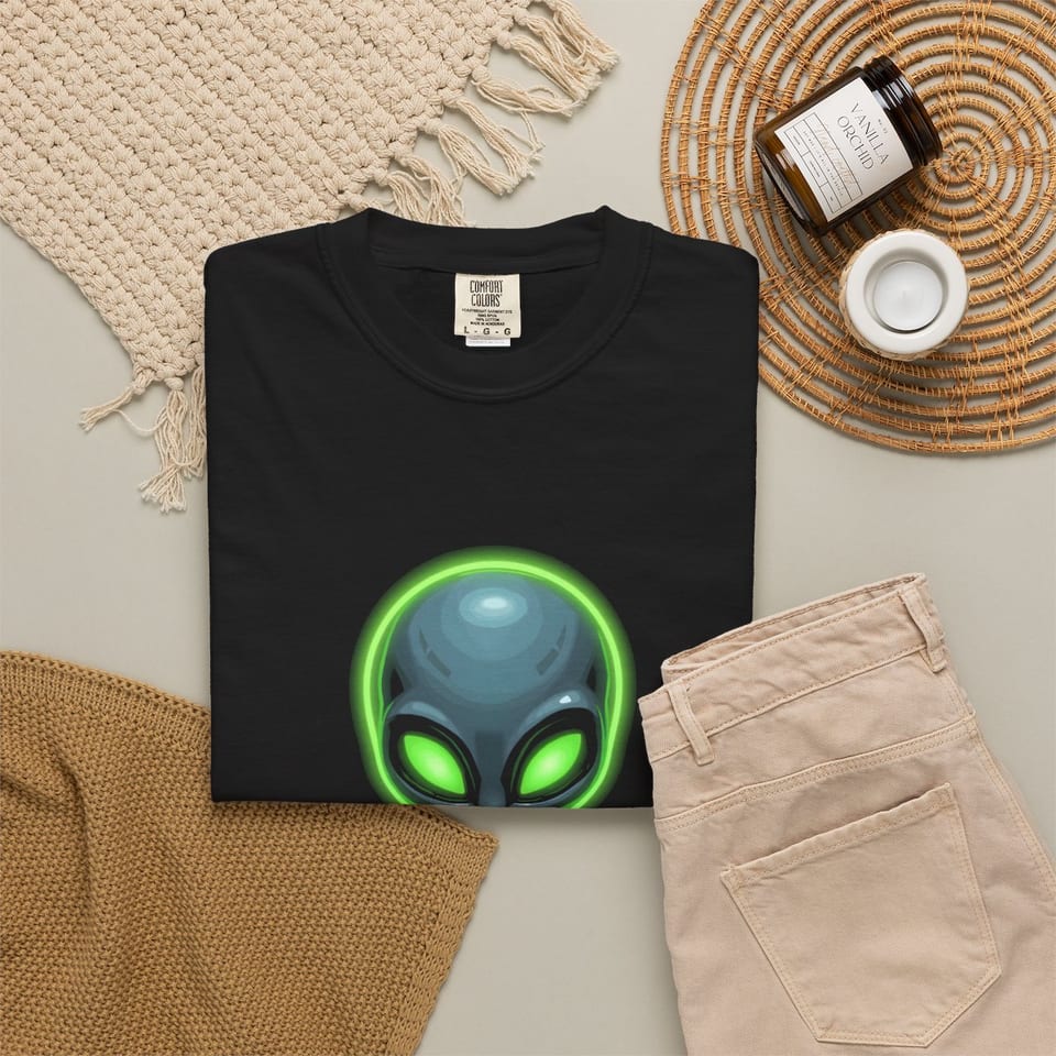 Already Here Neon Grey Tee, folded 2 view (Printify product mockup)