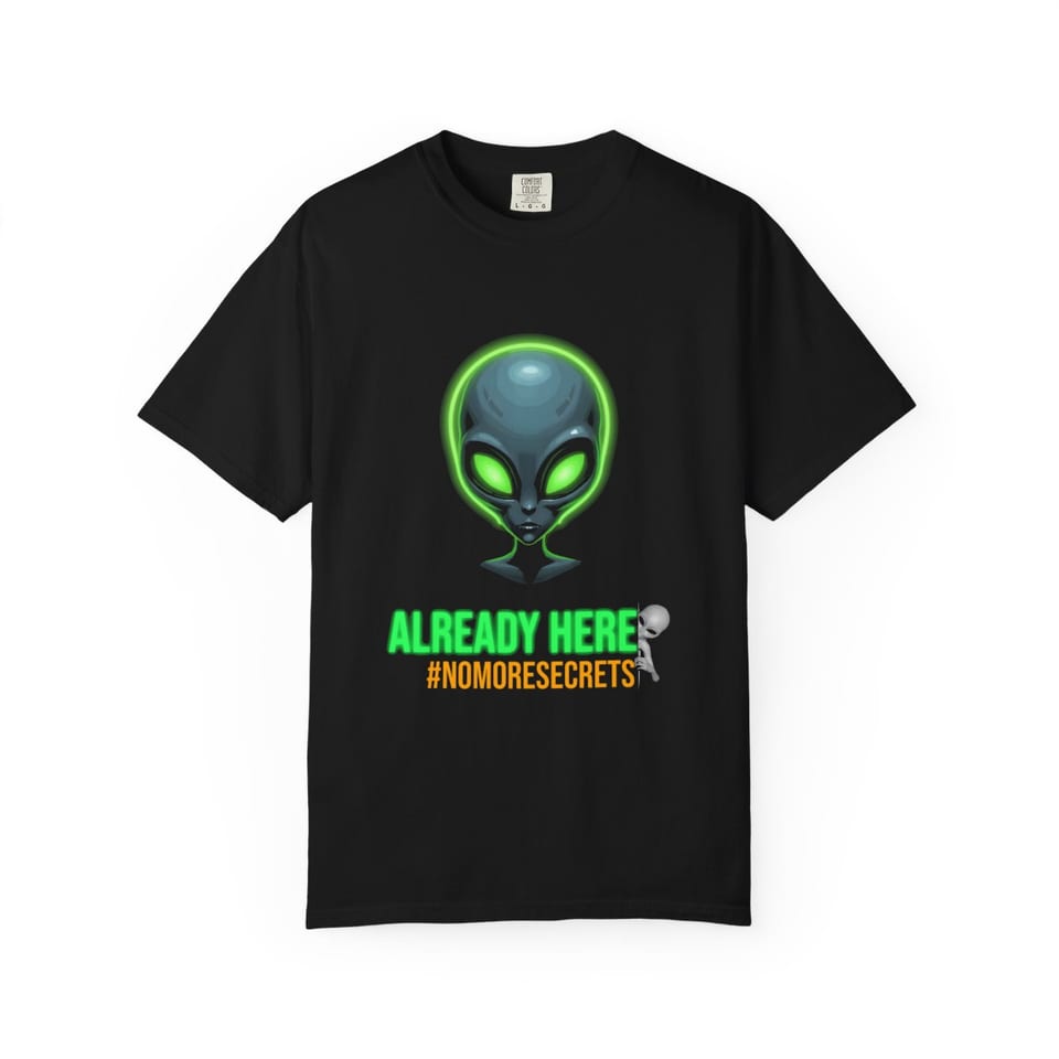 Already Here Neon Grey Tee, front view (Printify product mockup)