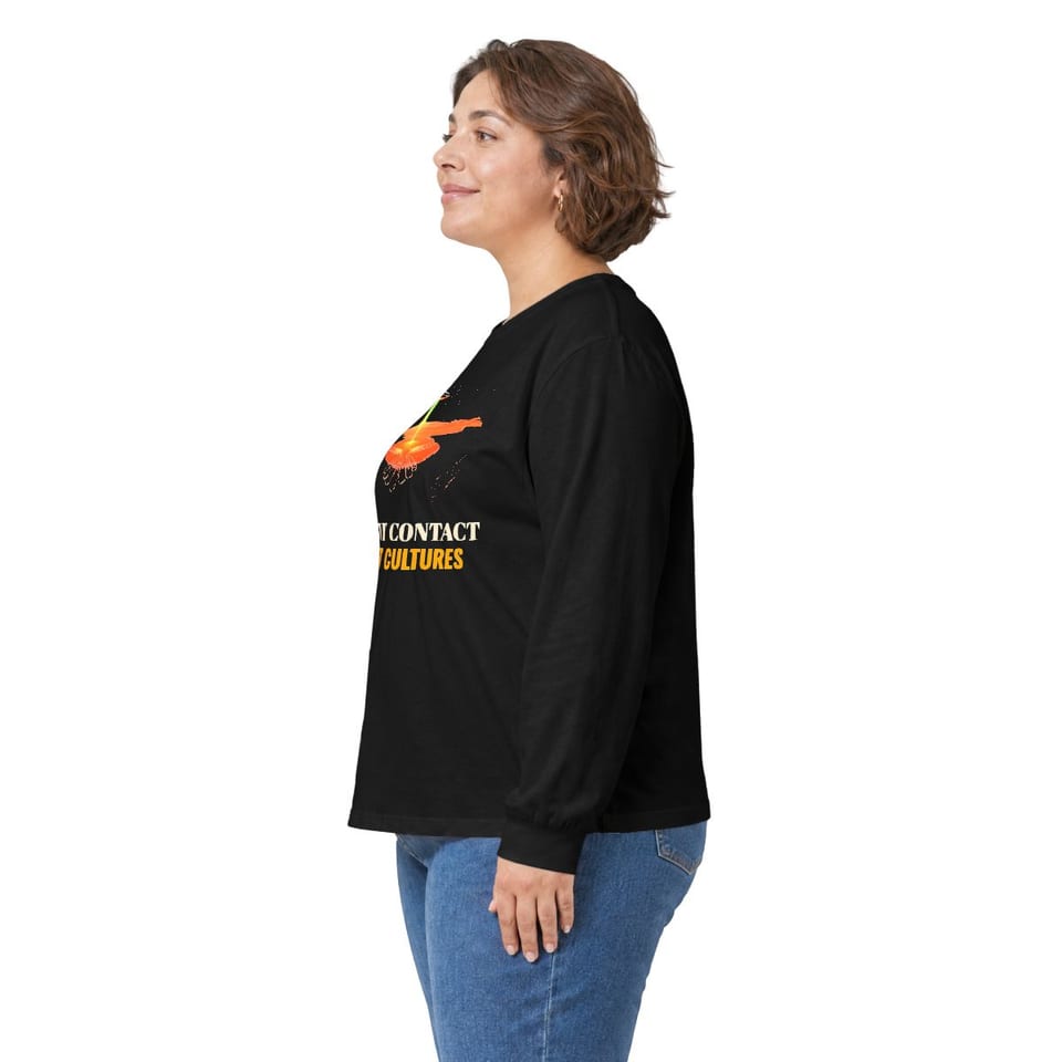 Ancient Contact Desert Lines Long Sleeve Tee, person left view (Printify product mockup)
