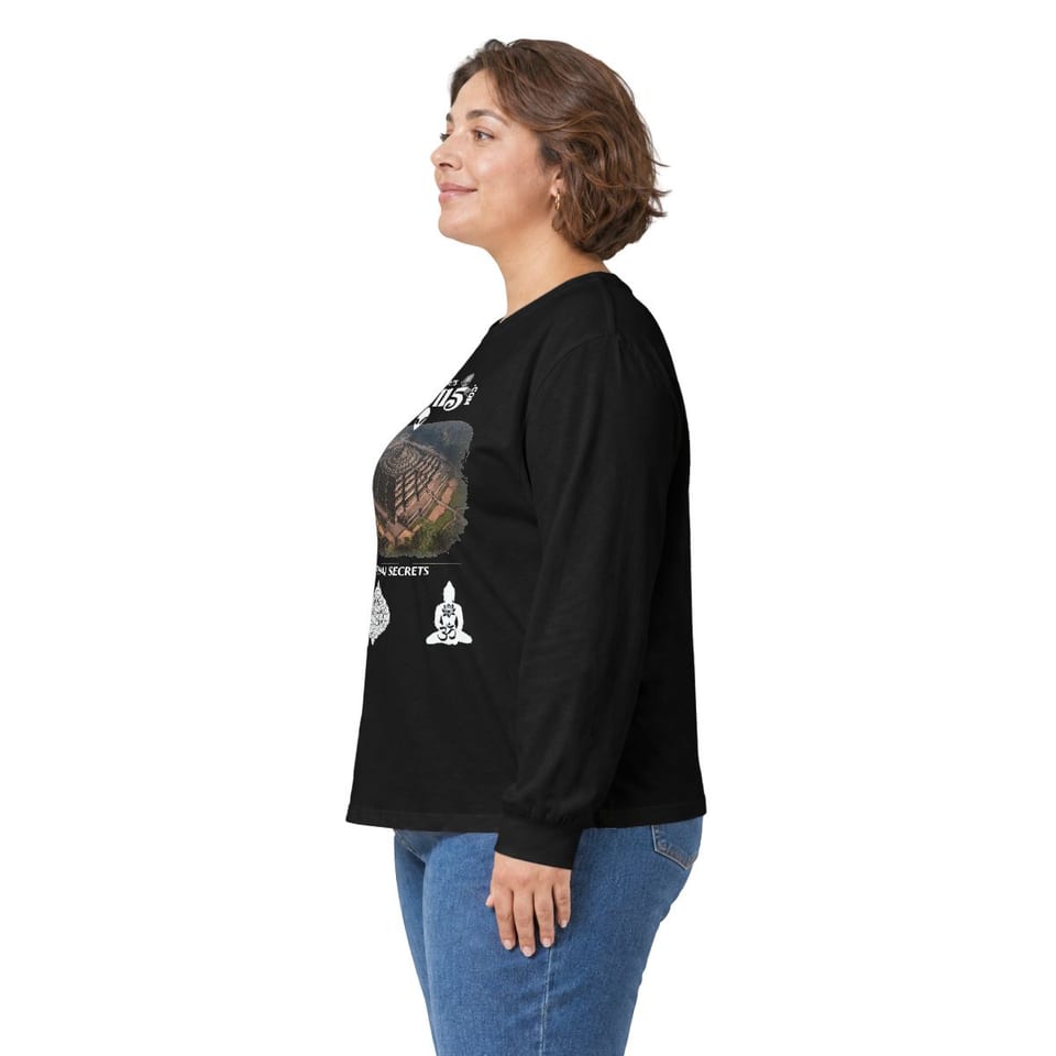 Ancient Thai Secrets Long Sleeve Tee, person left view (Printify product mockup)