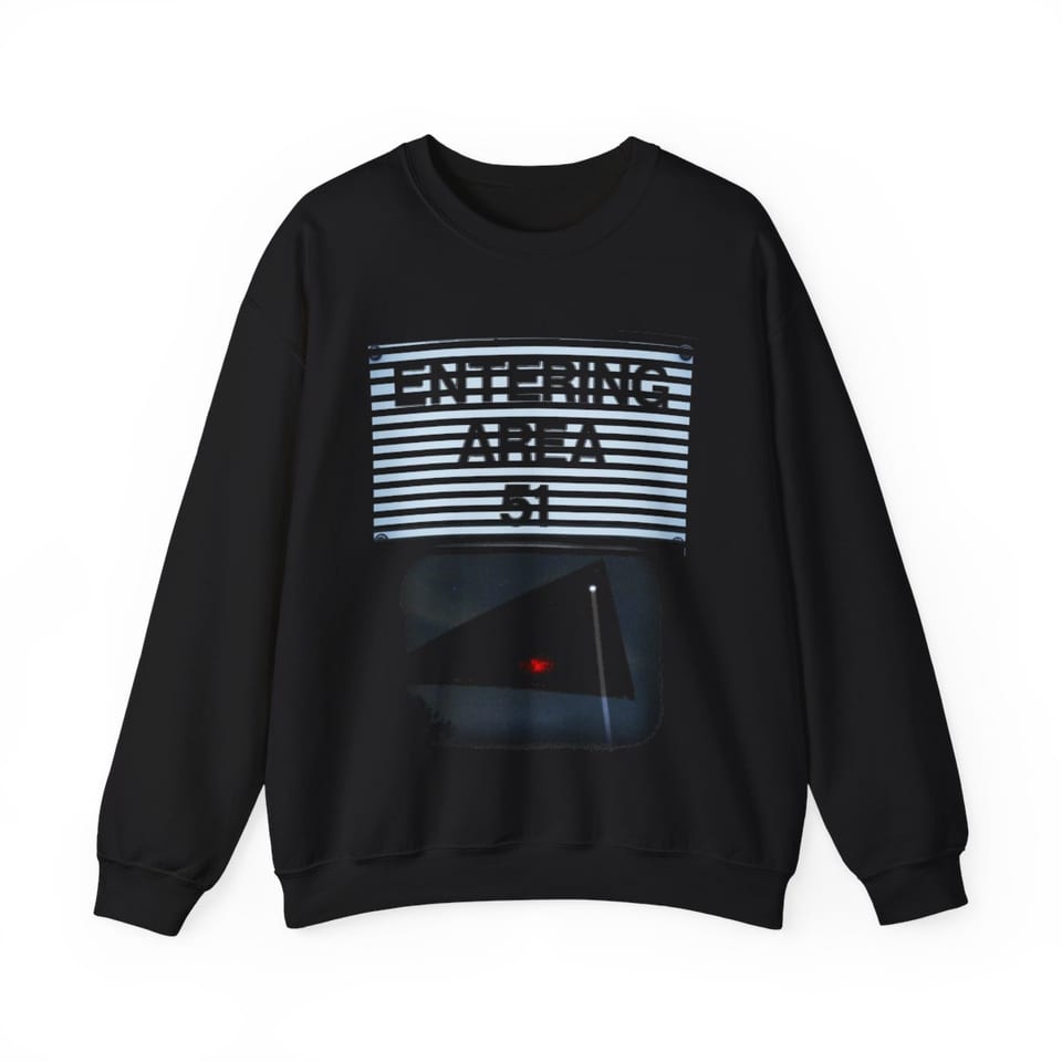 Area 51 Black Triangle Crewneck Sweatshirt, front view (Printify product mockup)
