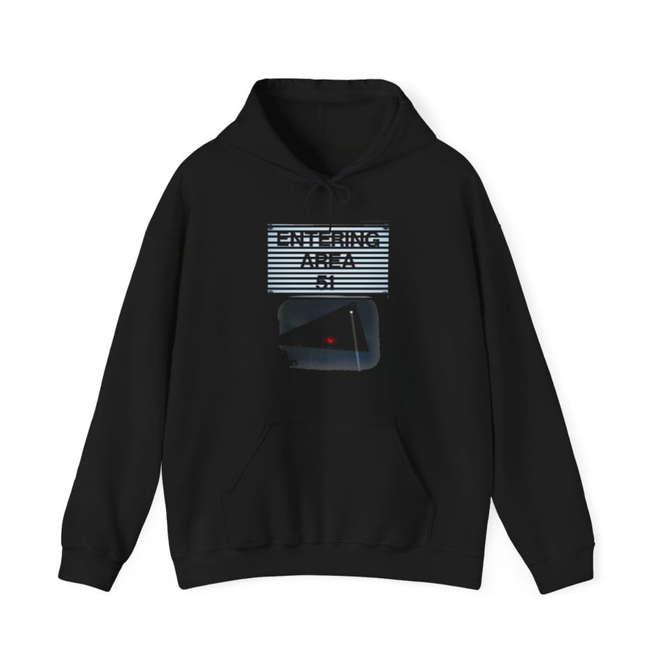 Area 51 Black Triangle Hoodie, front view (Printify product mockup)