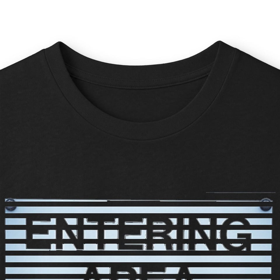 Area 51 Black Triangle Long Sleeve Tee, collar closeup view (Printify product mockup)