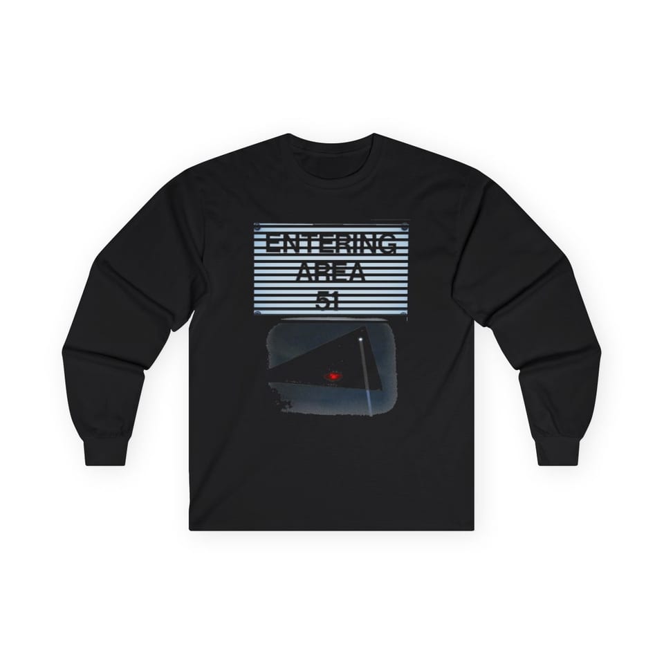 Area 51 Black Triangle Long Sleeve Tee, front view (Printify product mockup)