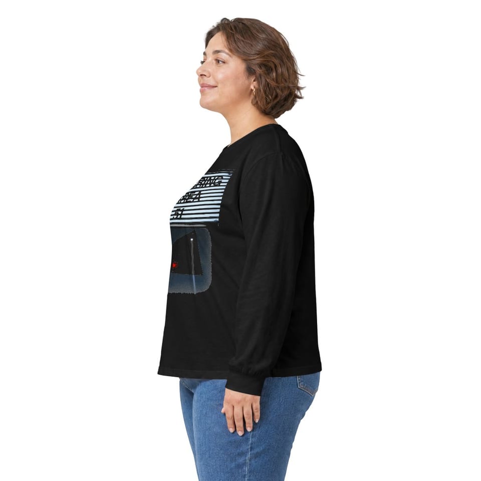 Area 51 Black Triangle Long Sleeve Tee, person left view (Printify product mockup)