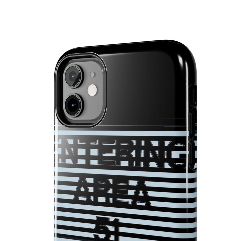 Area 51 Black Triangle Phone Case, close up view (Printify product mockup)