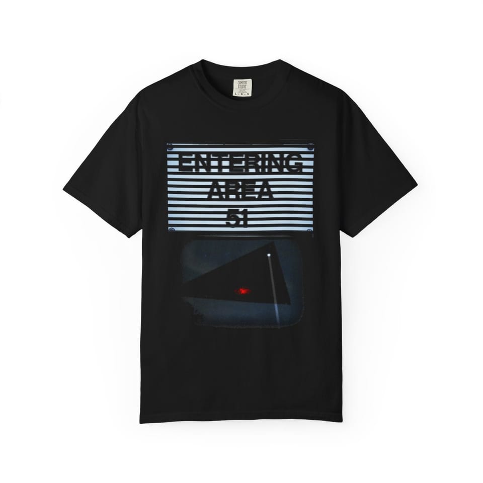 Area 51 Black Triangle Tee, front view (Printify product mockup)