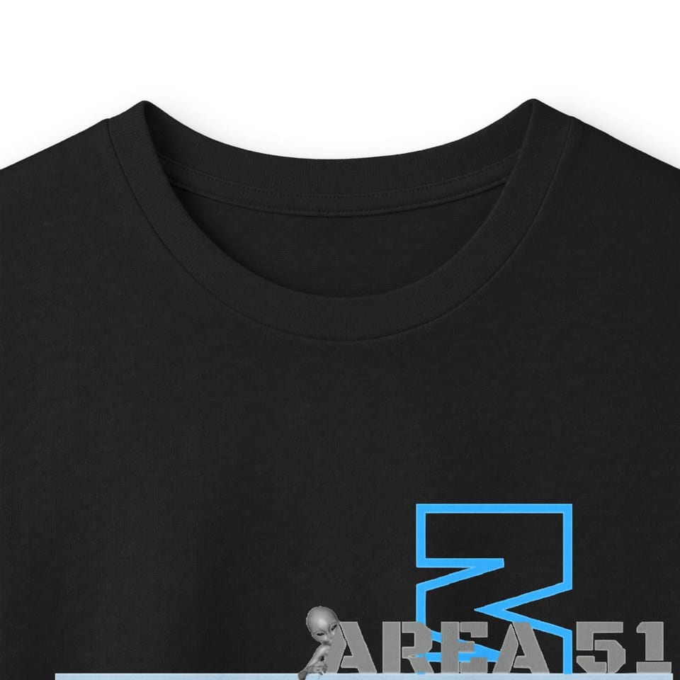Area 51 Reverse Engineering Dept Long Sleeve Tee, collar closeup view (Printify product mockup)