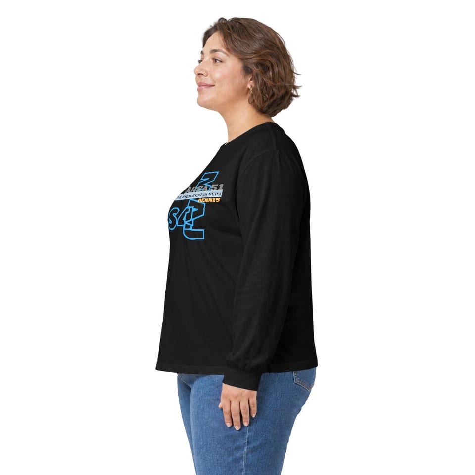 Area 51 Reverse Engineering Dept Long Sleeve Tee, person left view (Printify product mockup)